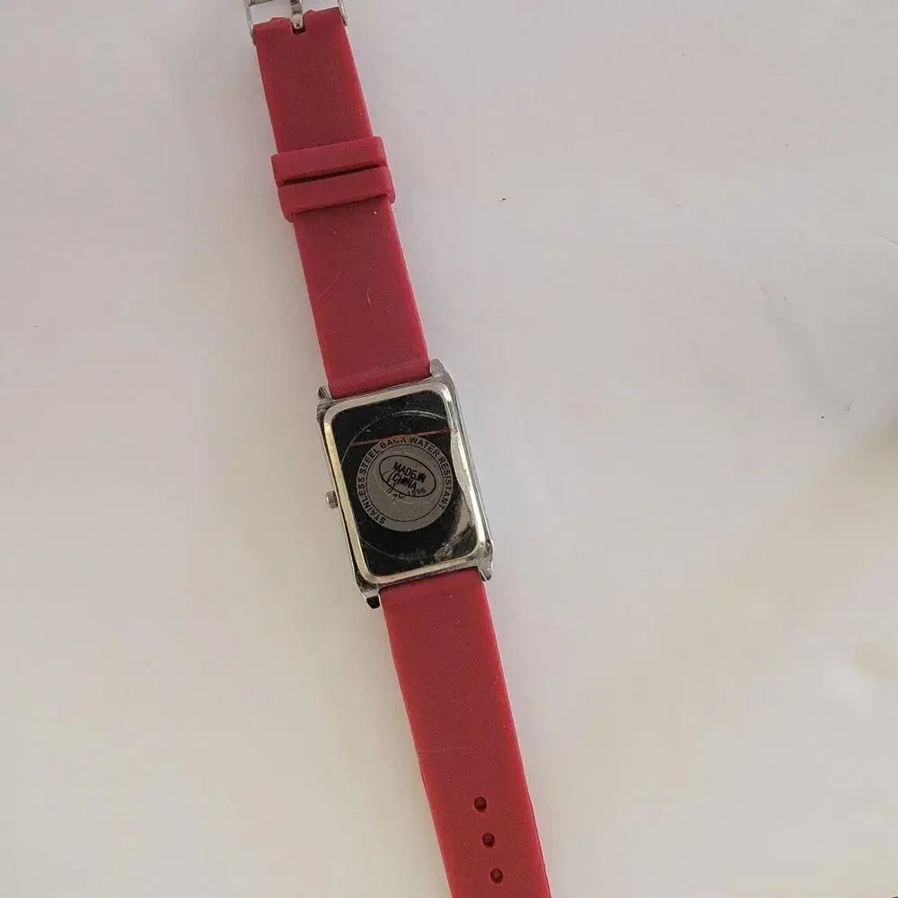 Geneva Womens Watch White Dial Silver Case Red Silicone Band Rectangle Quartz
